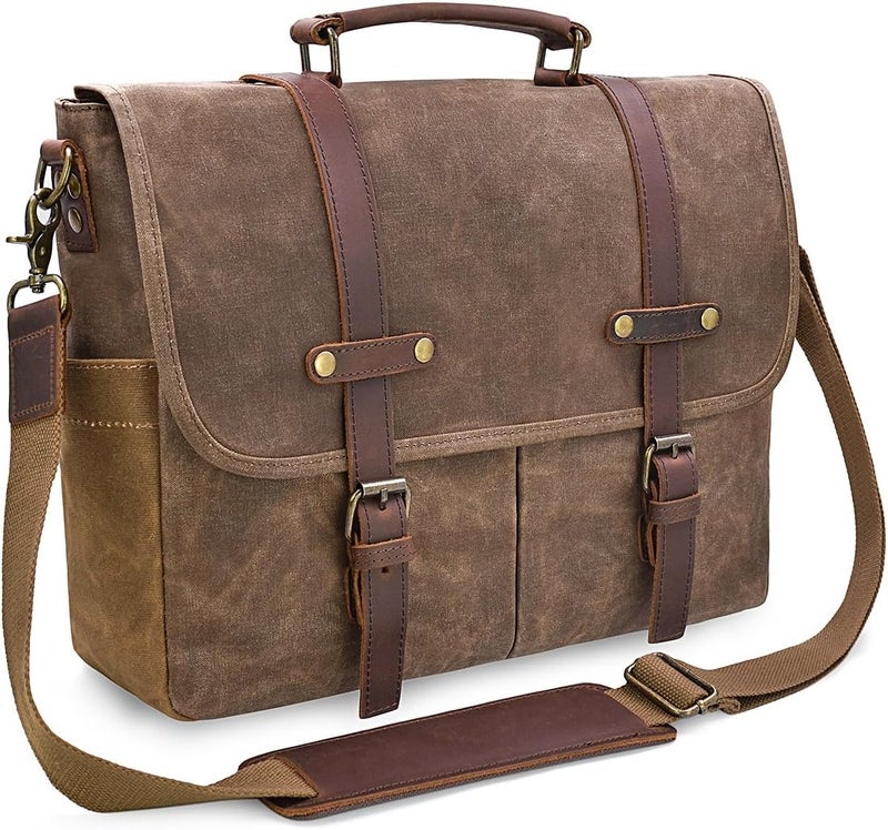 NEWHEY Mens Messenger Bag 15.6 Inch Waterproof Vintage Genuine Leather Waxed Canvas Briefcase Large Leather Computer Laptop Bag Rugged Satchel Shoulder Bag, Brown - Image 1